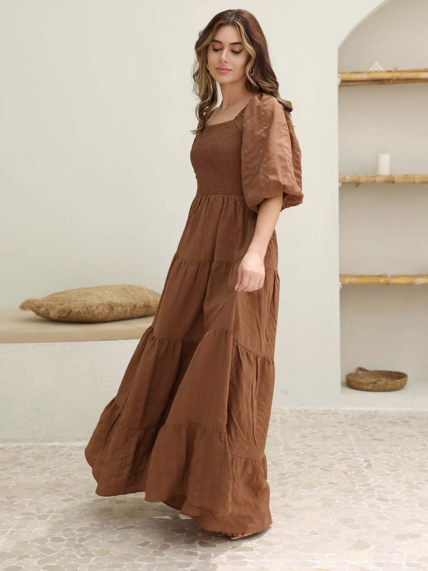 Forever Love brown dress with ruched bodice
