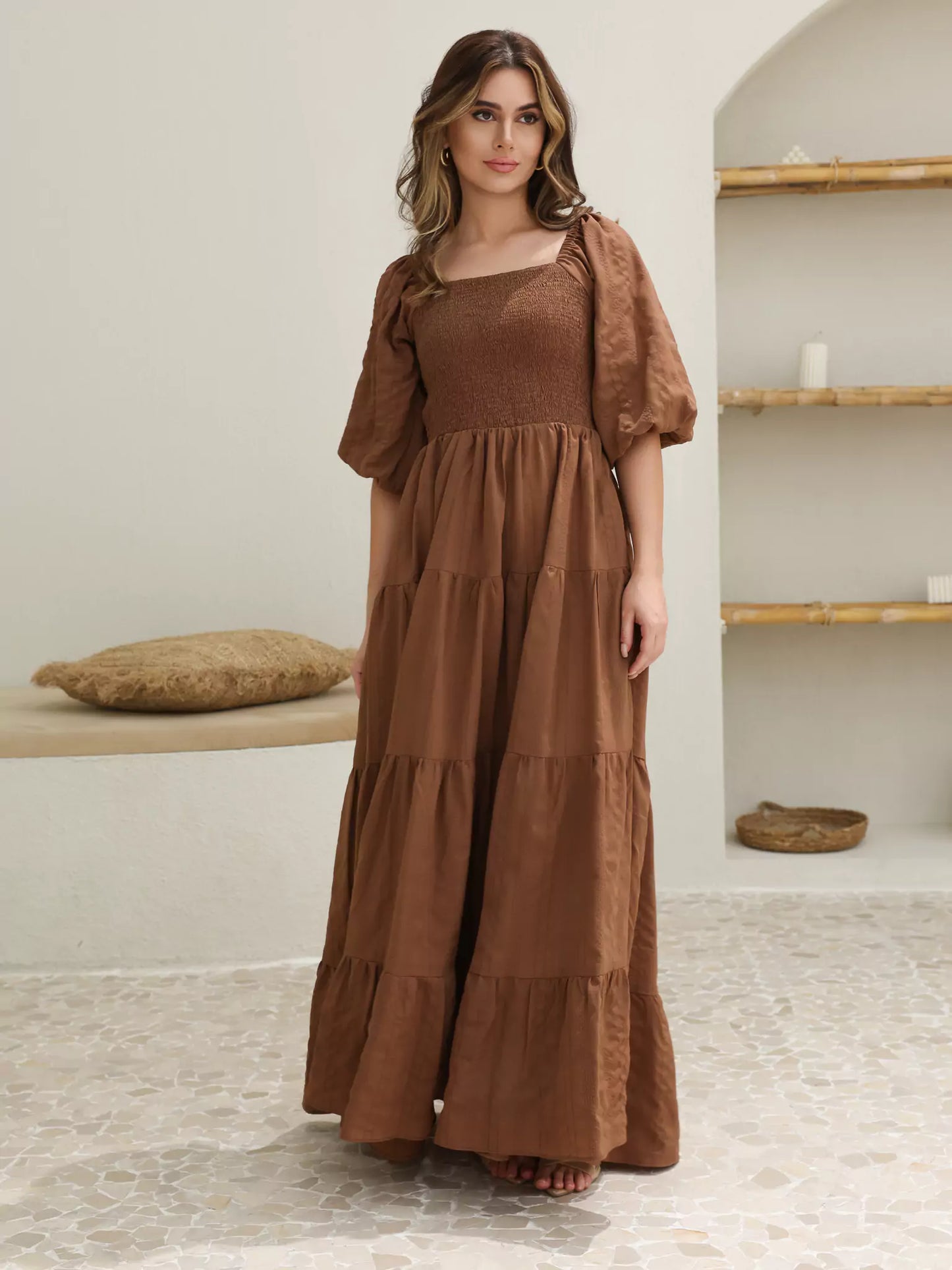 Forever Love brown dress with ruched bodice