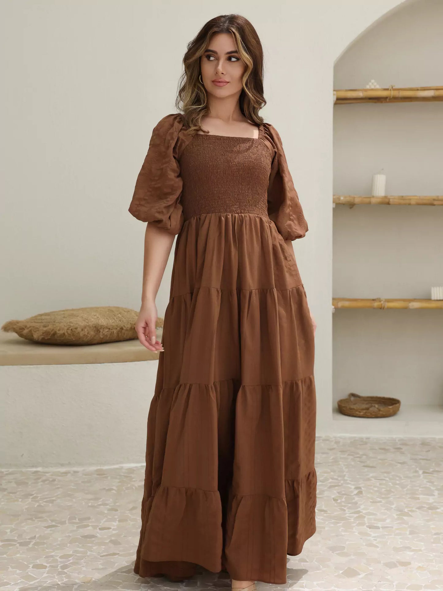 Forever Love brown dress with ruched bodice