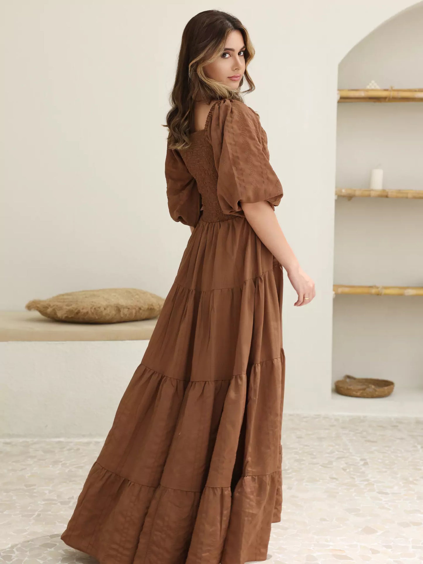 Forever Love brown dress with ruched bodice
