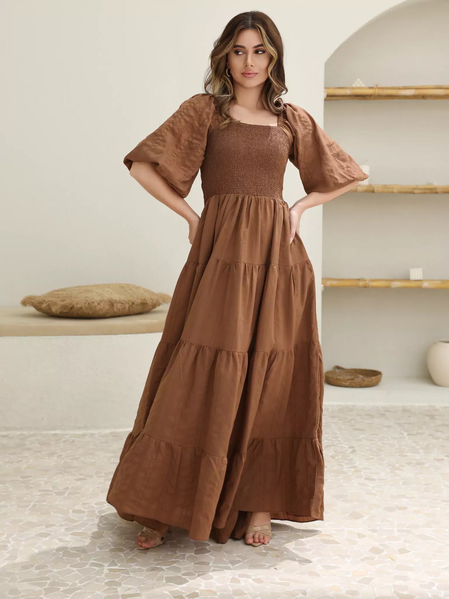 Forever Love brown dress with ruched bodice
