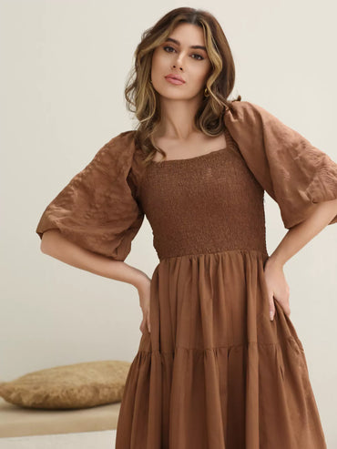 Forever Love brown dress with ruched bodice