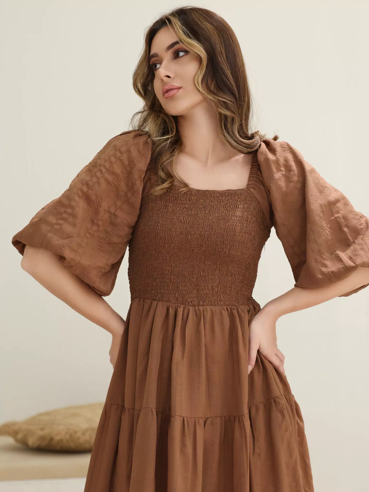 Forever Love brown dress with ruched bodice
