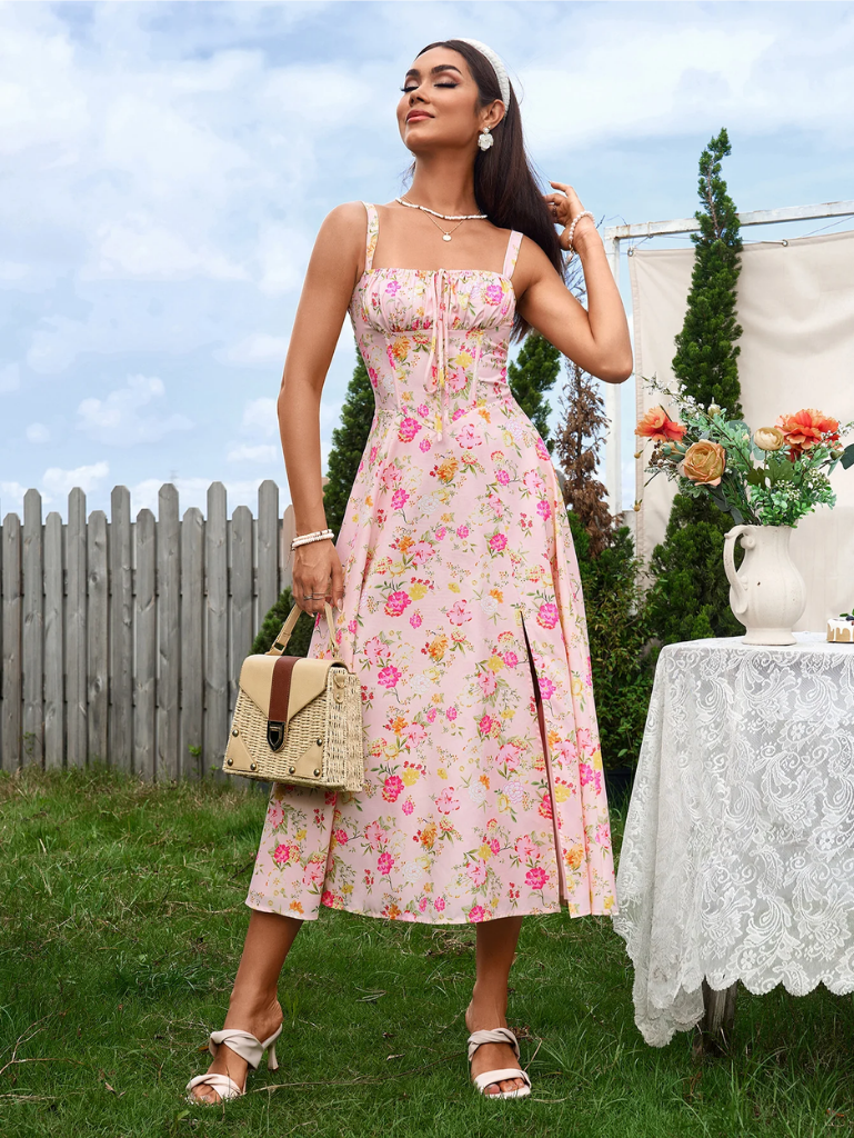 Gerüschtes Bustierkleid mit Schlitz und Trägern