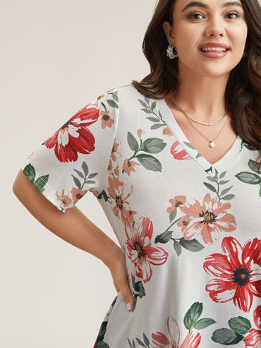 Colorful floral pattern V-neck T-shirt
