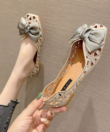 Apricot Cutout Flat Knit Fabric Shoes with Bow for Flat Feet