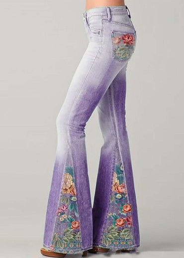 Bohemian Blue High Waisted Patchwork Print Denim Flared Pants Summer