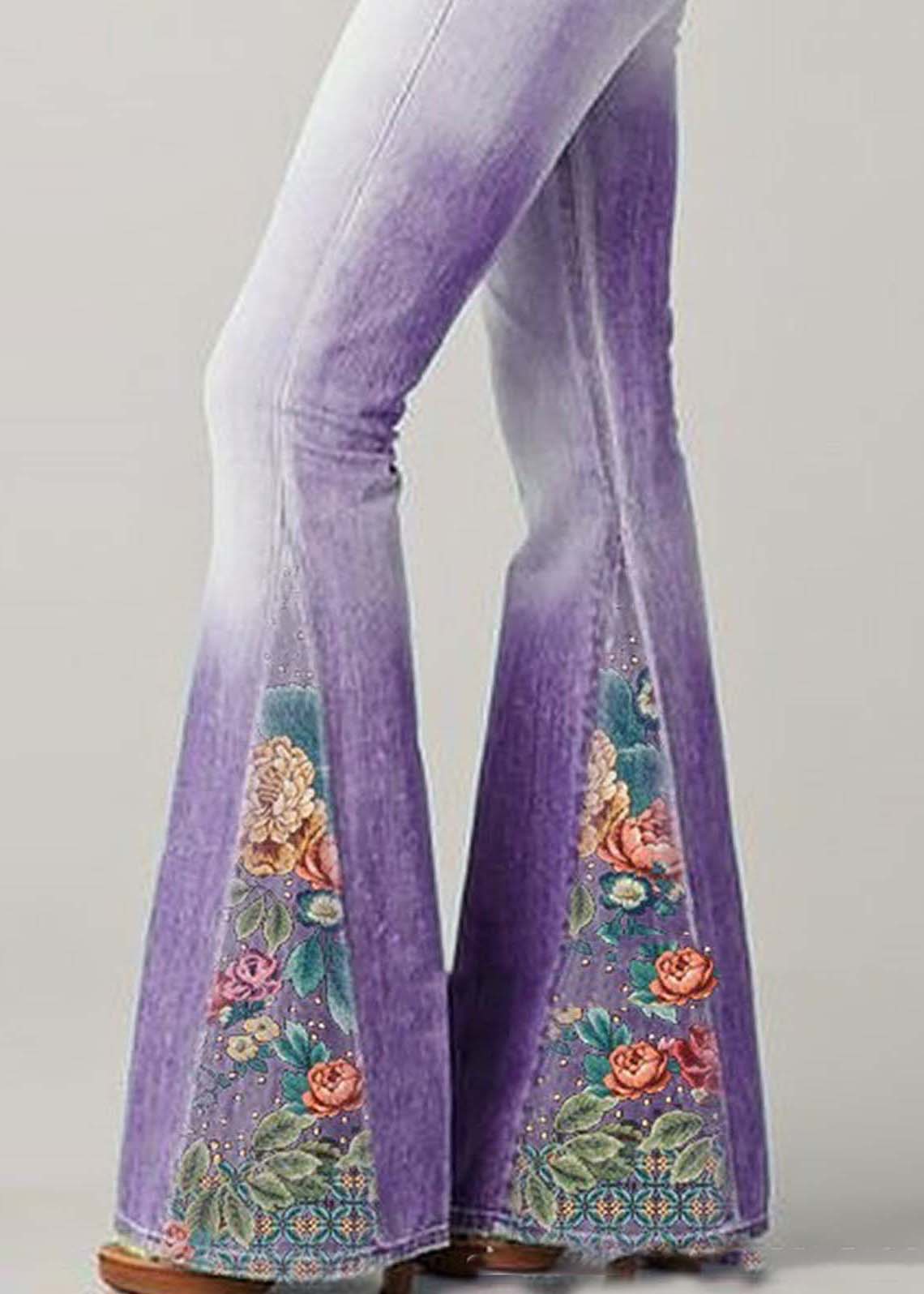 Bohemian Blue High Waisted Patchwork Print Denim Flared Pants Summer