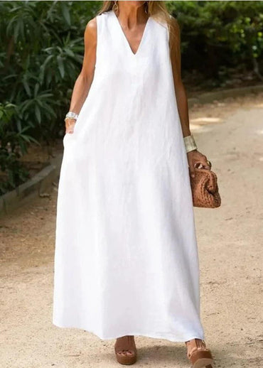 Bohemian White V-Neck Cotton A-Line Sleeveless Dress