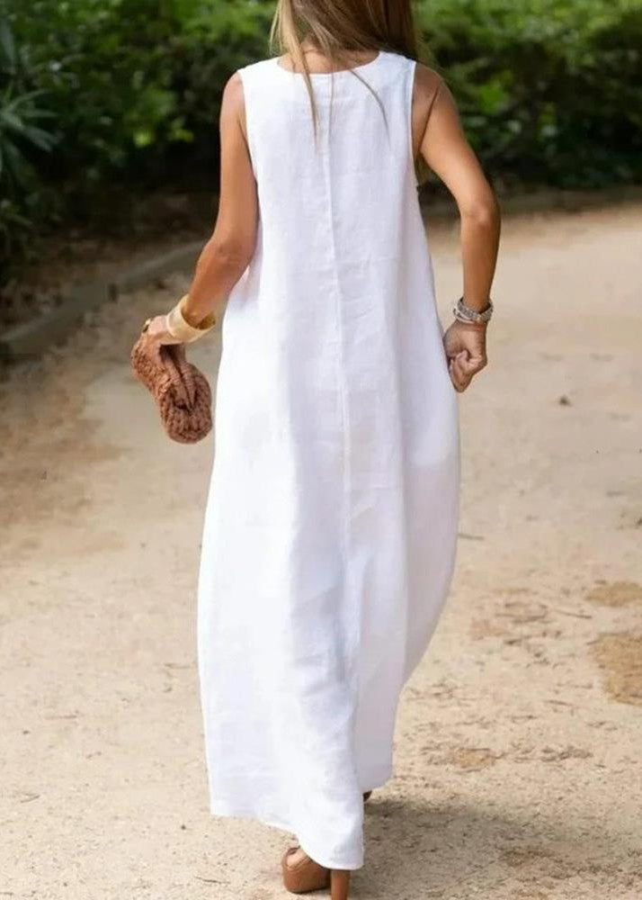 Bohemian White V-Neck Cotton A-Line Sleeveless Dress