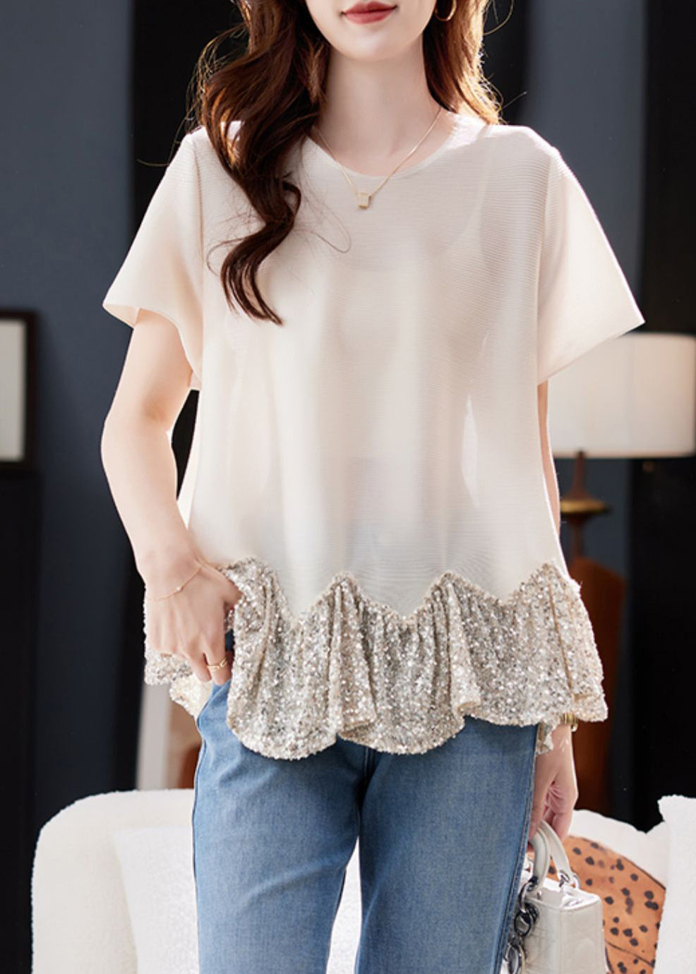 Boho Short Sleeve Apricot O-Neck Sequin Patchwork