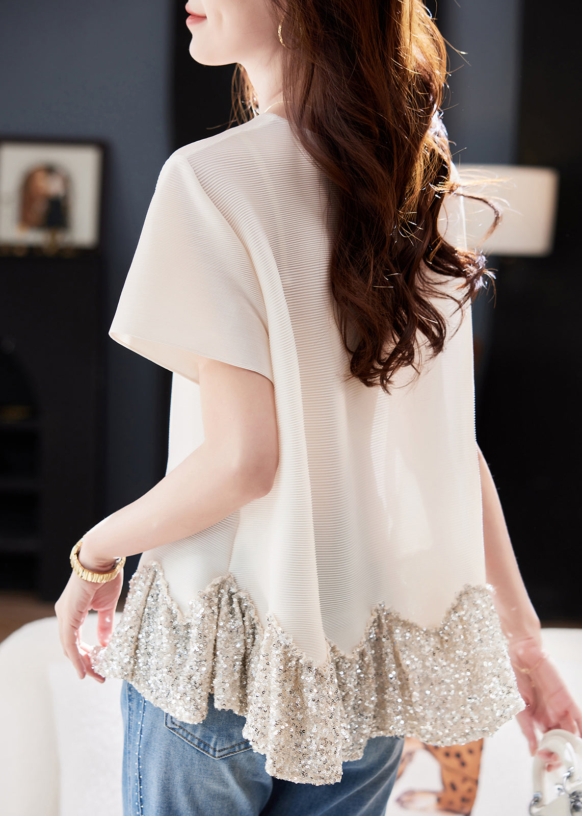 Boho Short Sleeve Apricot O-Neck Sequin Patchwork