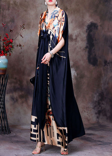 Italian Colorblock V-Neck Asymmetric Design Print Silk Dress with Short Sleeves