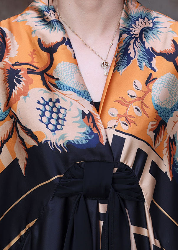 Italienisches Colorblock V-Ausschnitt Asymmetrisches Design Print Seidenkleid mit kurzen Ärmeln