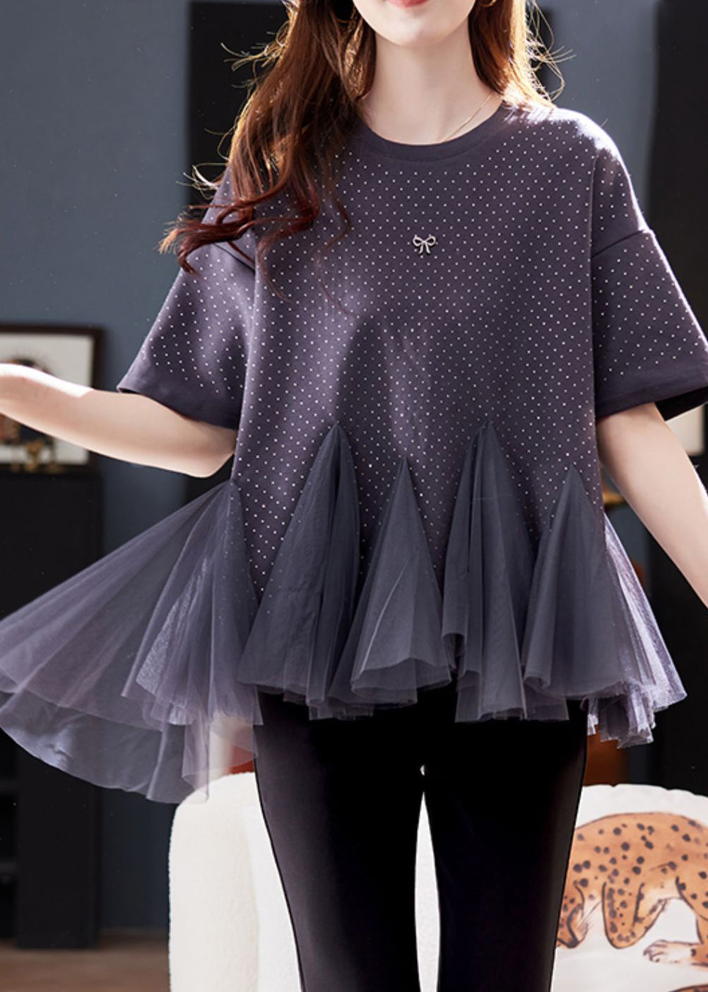 Übergrößen Graues O-Ausschnitt Tüll Patchwork Zirco Strick T-Shirt Kurzarm
