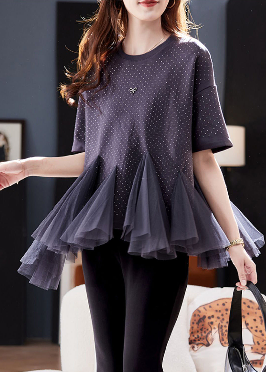 Übergrößen Graues O-Ausschnitt Tüll Patchwork Zirco Strick T-Shirt Kurzarm