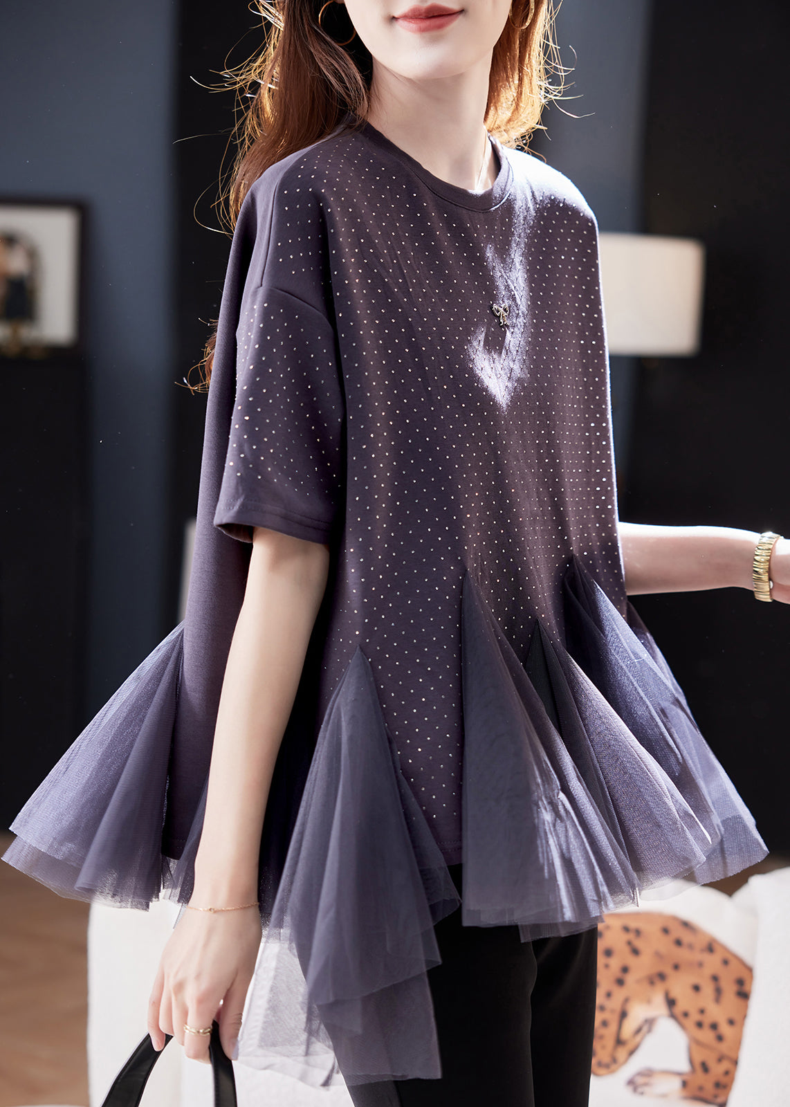 Übergrößen Graues O-Ausschnitt Tüll Patchwork Zirco Strick T-Shirt Kurzarm