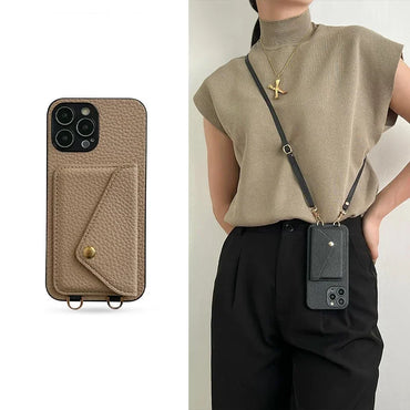 Leather card holder with neck strap for iPhone