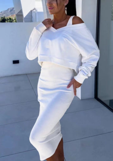 Wrap dress and V-neck sweatshirt set