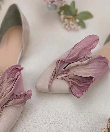 Handmade pink satin floral pointy toe ballerina flats