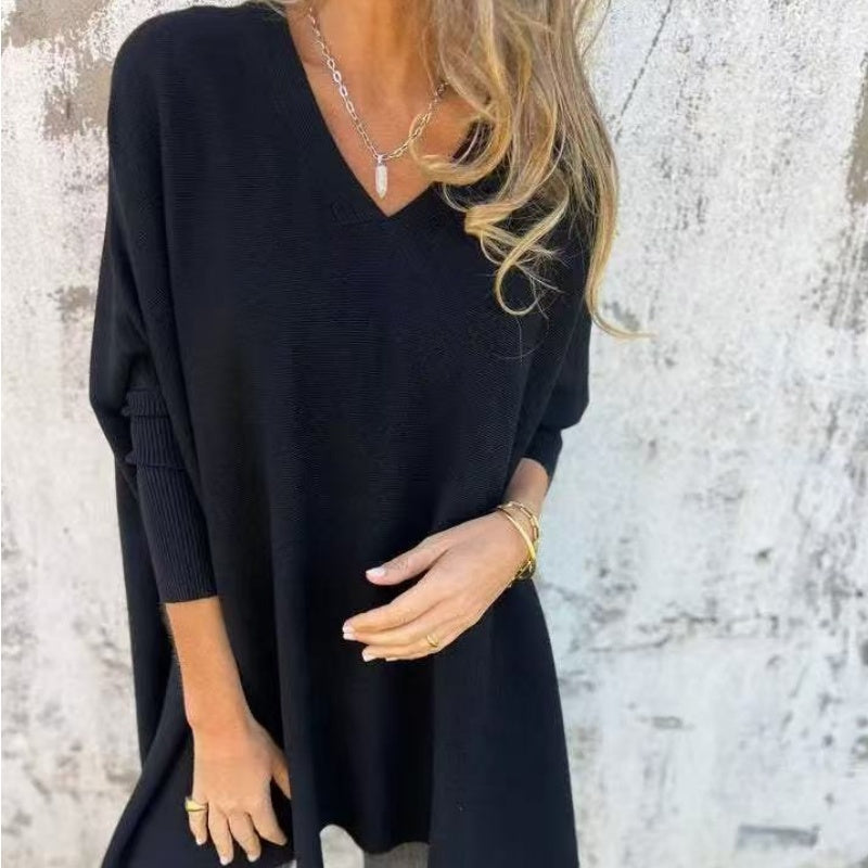 Women's long-sleeved knitted loose V-neck top