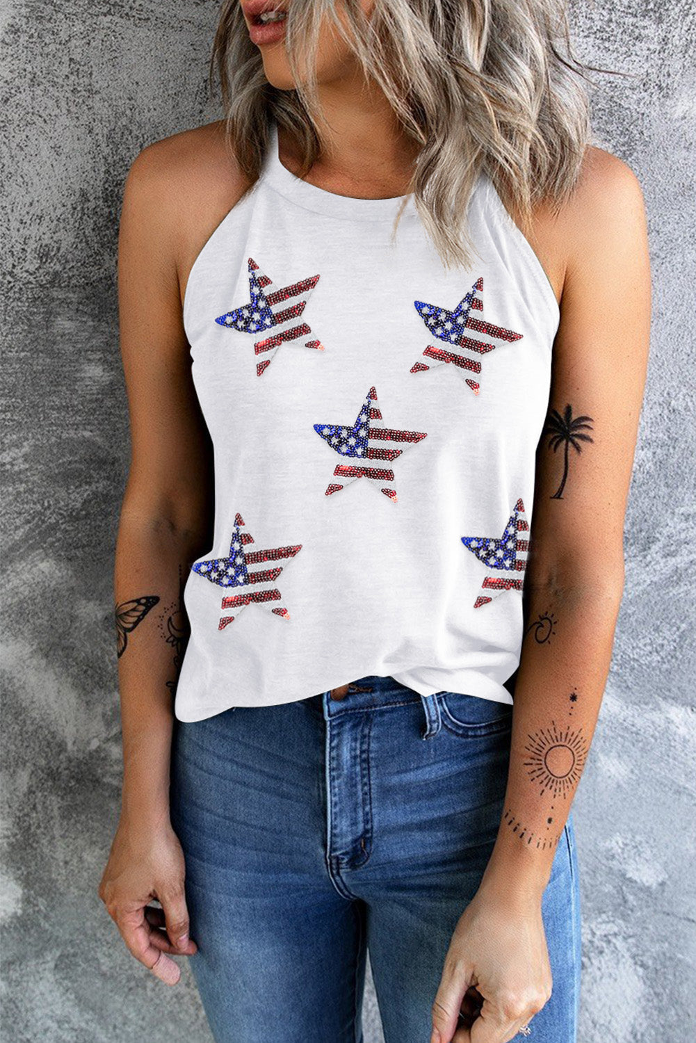 Weißes glitzerndes Tanktop mit Sternenprint der amerikanischen Flagge