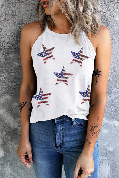 Weißes glitzerndes Tanktop mit Sternenprint der amerikanischen Flagge