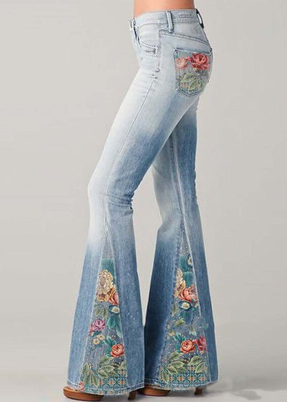 Bohemian Blaue Hochtaillierte Patchwork-Druck Denim Schlaghosen Sommer