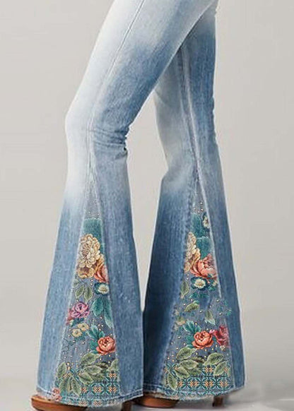 Bohemian Blaue Hochtaillierte Patchwork-Druck Denim Schlaghosen Sommer