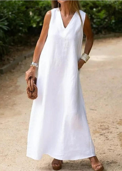 Bohemian Weißes V-Ausschnitt Baumwoll A-Linien Kleid Ohne Ärmel