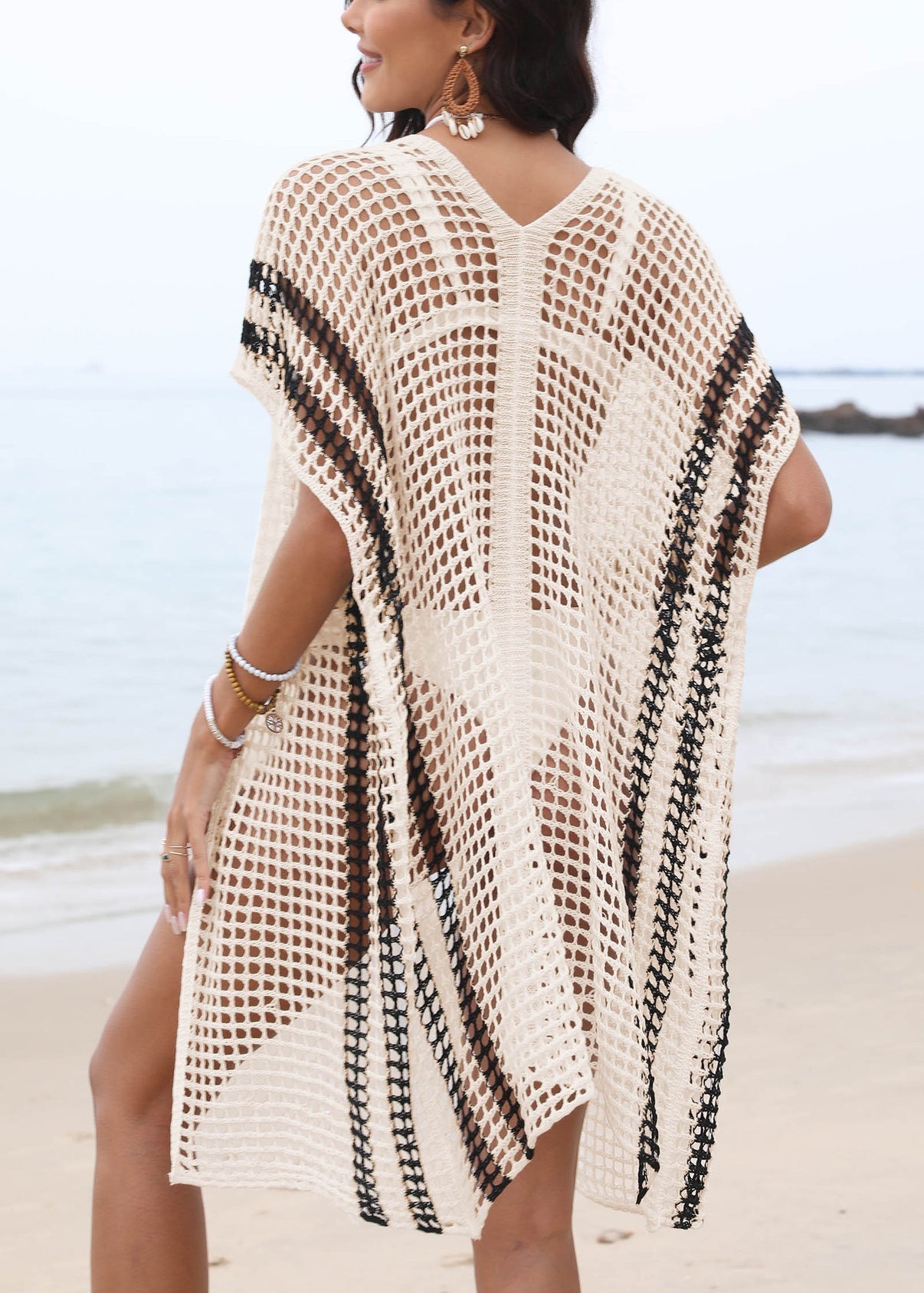 Boho White High Neck Beach Bikini Knit Cover-Up