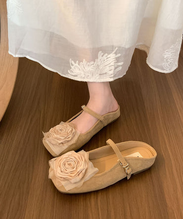 Französische Bequeme Blumige Splicing Braune Wildleder Rutsch-Sandalen