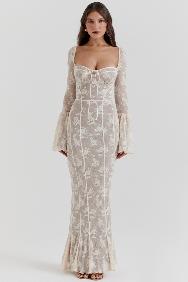 Delilah | Vintage Creme Spitze Maxi-Kleid
