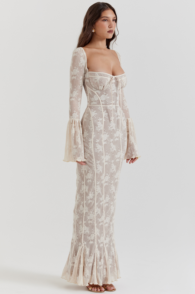 Delilah | Vintage Creme Spitze Maxi-Kleid