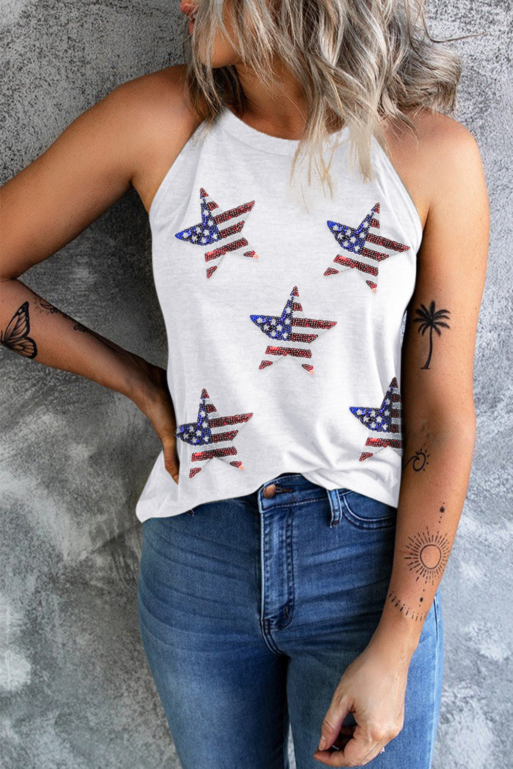 Weißes glitzerndes Tanktop mit Sternenprint der amerikanischen Flagge