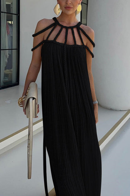 Modernes und elegantes Maxikleid mit drapierten Zopfdetails aus Leinenmischung