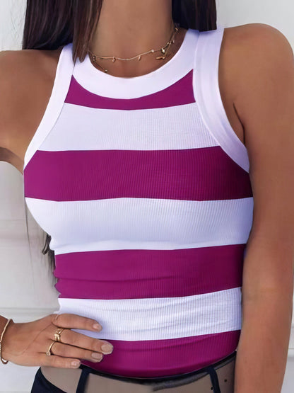 Gestreifter Print Rundhals-Casual-Top - Off-Shoulder - Halter - Schmuck - Freikörper - U-Form